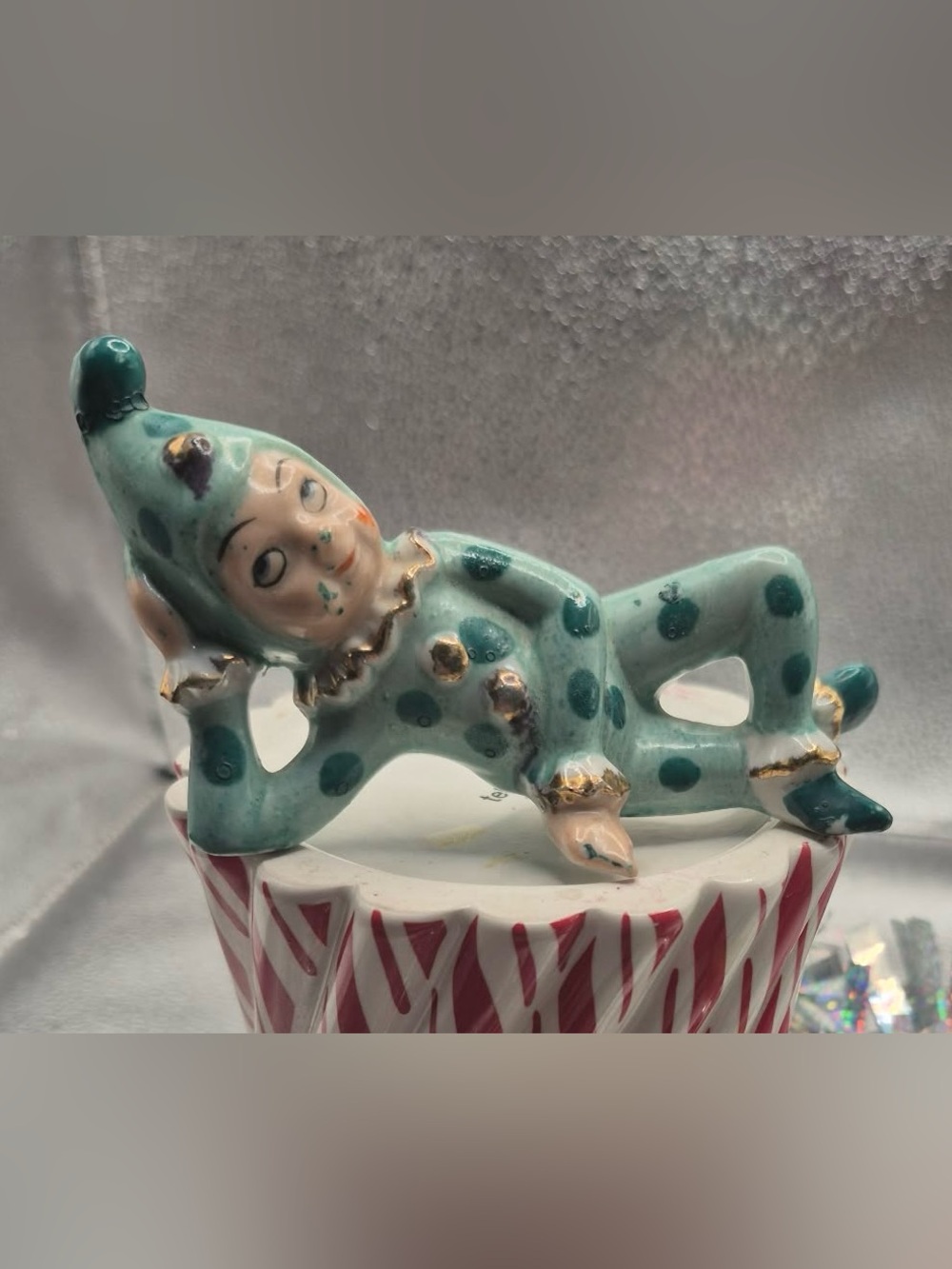 Rare MCM Polkadot Pixie Figurine - Laying Elf   in Green Polkadots 1950s Japan